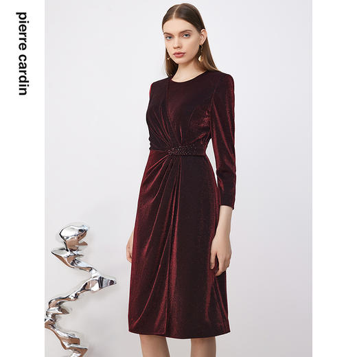 皮尔卡丹女装连衣裙气质时尚修身通勤宴会褶皱连衣裙P3341E3876T0
 商品图4