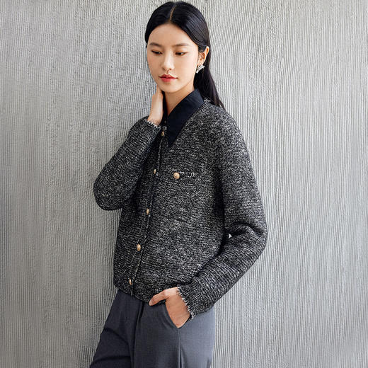 玳莎圆领花纱开衫女2024秋季新款金属丝混纺时尚通勤针织长袖上衣  EC33301 商品图2