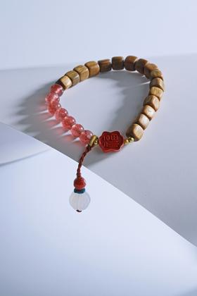 LT0016°绿檀四方来财珠|粉草莓南瓜手链手串