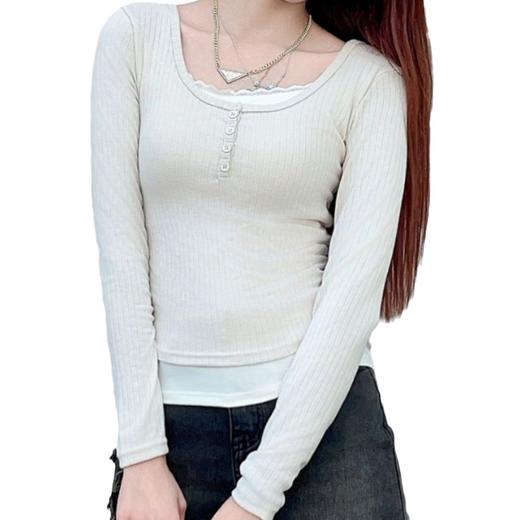 流行蕾丝拼接假两件设计感修身显瘦上衣内搭打底衫女秋冬长袖圆领 商品图4