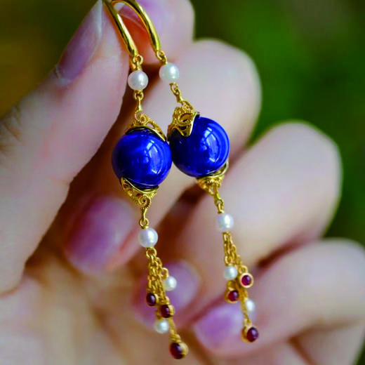 龢盒原创 半山青黛，色如深夜 精品青金石圆珠流苏耳坠耳环 商品图2