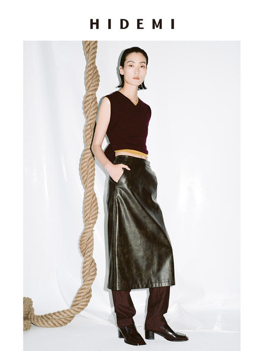 HIDEMI 甄选复古水洗擦色感环保蛋白皮H型极简半身裙皮裙 商品图2