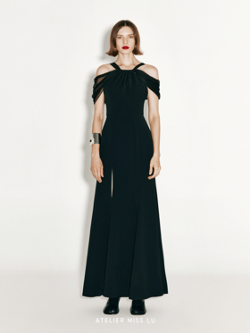 【克洛丽丝】透纱肩部拼接开衩鱼尾礼服长裙