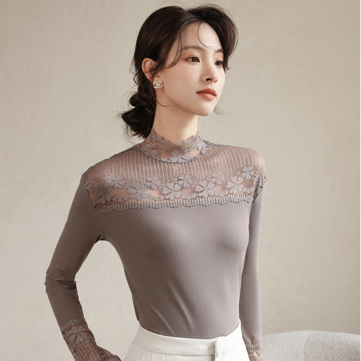 2024秋冬新款网纱蕾丝女洋气长袖半高领上衣半高领叠穿内搭打底衫 商品图2
