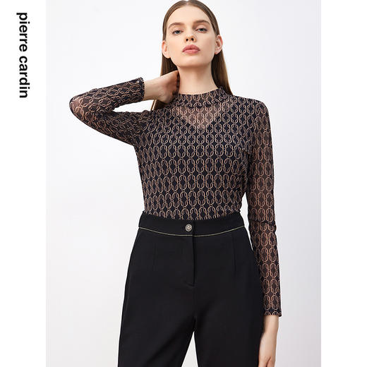 皮尔卡丹女装衬衫黑花色套头衫春秋款长袖法式打底衫P3336B3992B0
 商品图1
