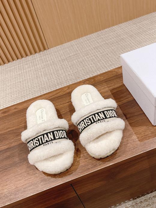 * 迪家 刺绣条纹logo加绒毛里一字平底拖鞋 秋冬新款羊毛拖鞋 多色可选 (HD) 商品图7