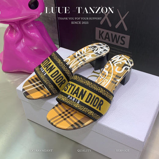 D家 新款一字拖女鞋 CD字母logo立体刺绣 圆头粗跟凉鞋(LH) 商品图5