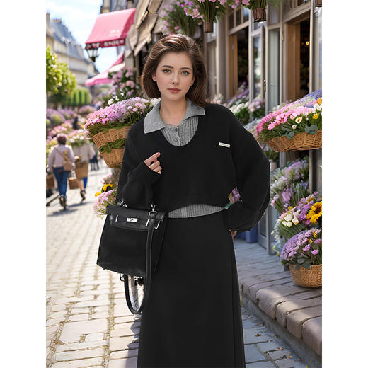 9/1奢姿大码女装2024秋冬气质翻领针织拼接两件套胖妹妹时尚简约套装9944930039 商品图4