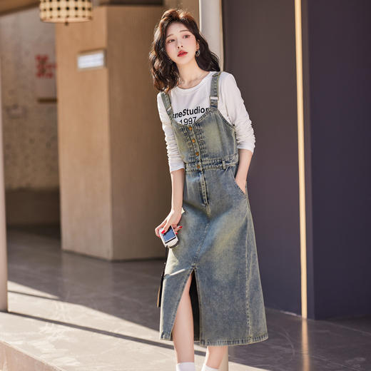 复古设计感牛仔背带裙，气质百搭洋气开叉吊带套装裙HR-HSYL901 商品图1