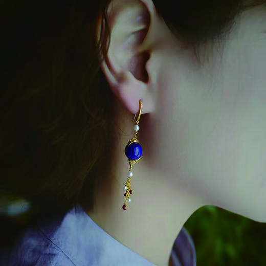 龢盒原创 半山青黛，色如深夜 精品青金石圆珠流苏耳坠耳环 商品图3