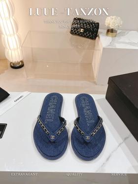 香奶奶 牛仔布双C链条夹趾人字拖