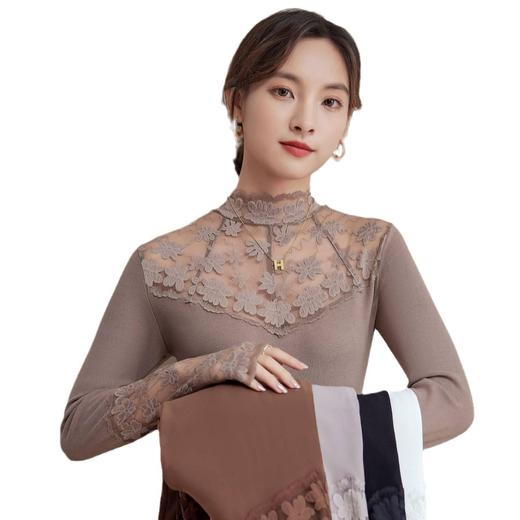 2024新款加绒加厚蕾丝半高领打底衫女春秋内搭修身长袖上衣针织衫 商品图4