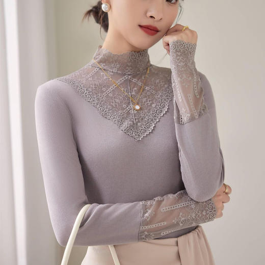 2024新款加绒加厚网纱蕾丝打底衫女春秋内搭修身洋气长袖上衣简约 商品图1