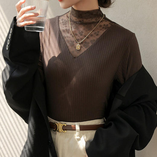 气质百搭 网纱蕾丝打底衫女 2024新款春秋款内搭 修身洋气长袖上衣简约洋气 商品图1