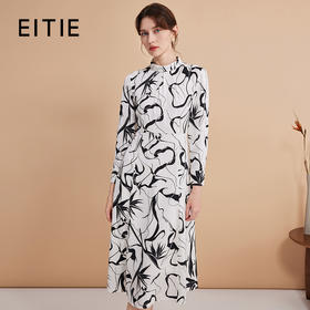 EITIE爱特爱秋款新品显瘦高腰舒适印花复古连衣裙7507216