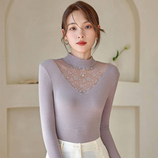 2024春季新款网纱打底衫女士亮丝内搭半高领镂空蕾丝小衫上衣 商品图3