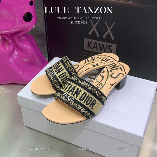 D家 新款一字拖女鞋 CD字母logo立体刺绣 圆头粗跟凉鞋(LH) 商品图3