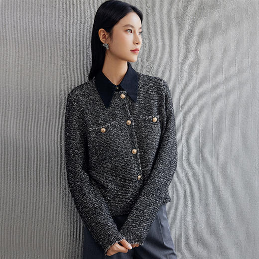 玳莎圆领花纱开衫女2024秋季新款金属丝混纺时尚通勤针织长袖上衣  EC33301 商品图1