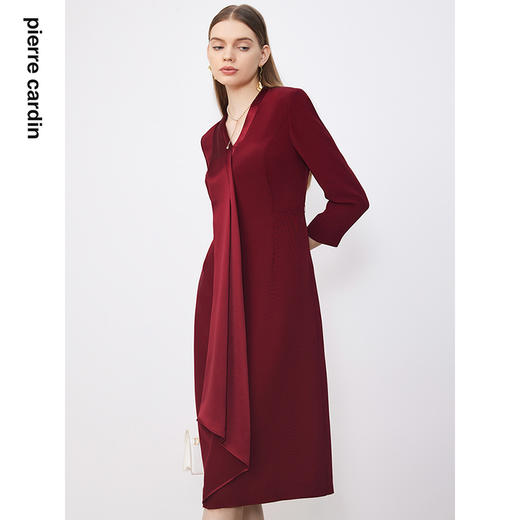 皮尔卡丹女装连衣裙酒红色亮面凸显气质婚庆喜婆婆裙P3306E3877T0 商品图3