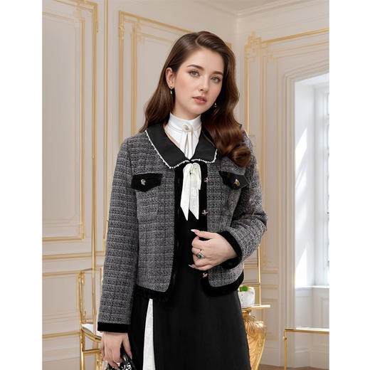 9/1奢姿大码女装2024秋冬胖妹妹单排扣撞色拼接小香风简约时尚外套9944390263 商品图1