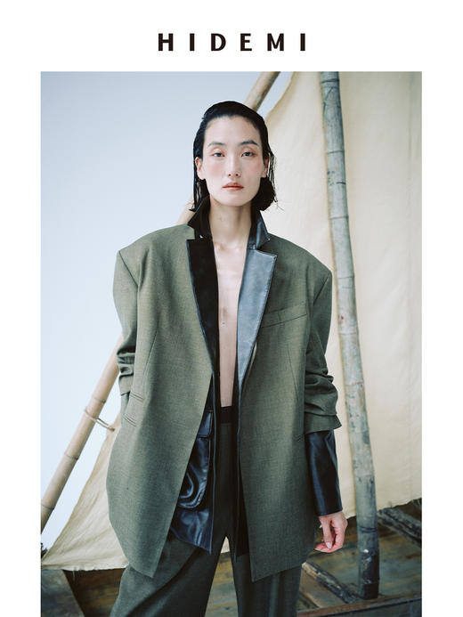 HIDEMI 沙漠枯米黄色v领宽肩垫肩宽松廓形男朋友式西装外套 商品图2