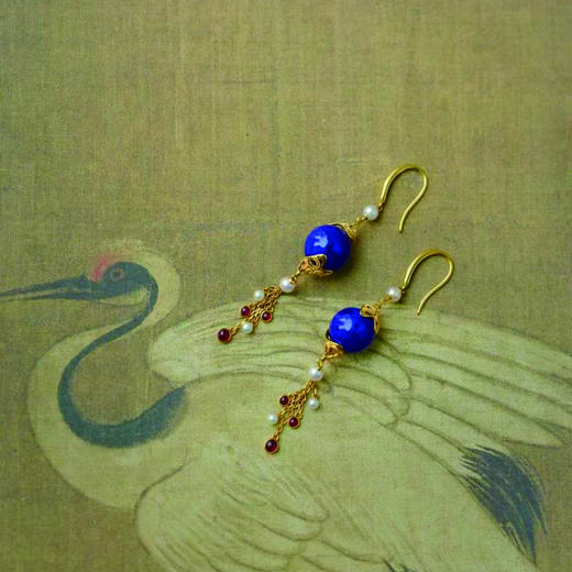 龢盒原创 半山青黛，色如深夜 精品青金石圆珠流苏耳坠耳环 商品图0