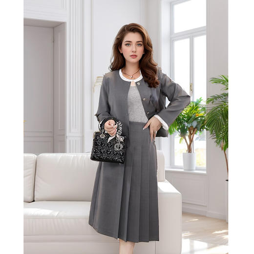 9/1奢姿大码女装2024秋季木耳领气质百褶两件套胖妹妹时尚简约套装9943930008 商品图0