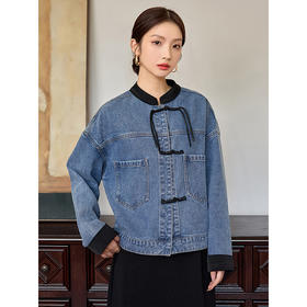 【年货节】熙世界新中式牛仔外套短款2025秋新款宽松立领盘扣国风夹克上衣
