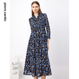 皮尔卡丹女装连衣裙春秋蓝花色V领中长款碎花大摆裙P3336E3928N3

