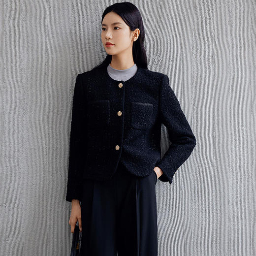 玳莎小香风圆领花呢外套女2024年秋季新款流行时尚混纺长袖短款  EC37308 商品图0