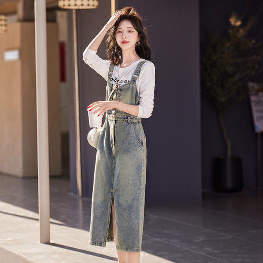 复古设计感牛仔背带裙，气质百搭洋气开叉吊带套装裙HR-HSYL901 商品图3