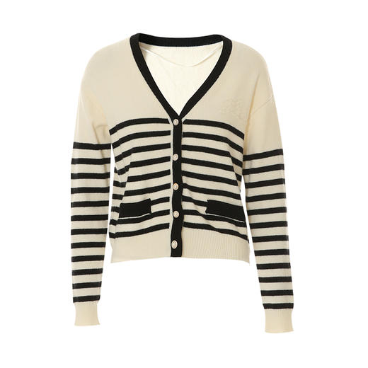 VIMAGE纬漫纪慵懒感V领条纹百搭显瘦落肩针织开衫秋季新款V2201801 商品图5