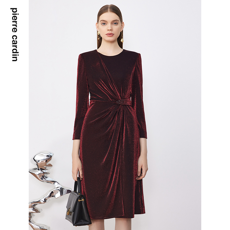 皮尔卡丹女装连衣裙气质时尚修身通勤宴会褶皱连衣裙P3341E3876T0
