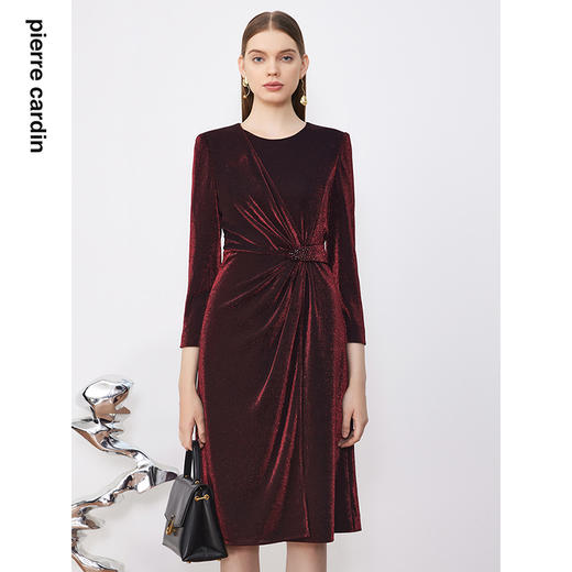 皮尔卡丹女装连衣裙气质时尚修身通勤宴会褶皱连衣裙P3341E3876T0
 商品图0