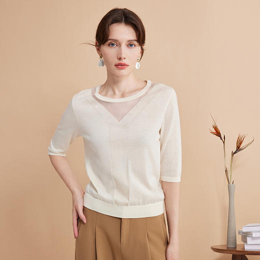 EITIE爱特爱秋季新款网纱拼接黑色修身显瘦百搭针织衫7501201 商品图12