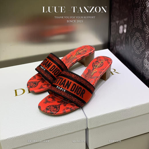 D家 新款一字拖女鞋 CD字母logo立体刺绣 圆头粗跟凉鞋(LH) 商品图14