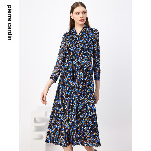 皮尔卡丹女装连衣裙春秋蓝花色V领中长款碎花大摆裙P3336E3928N3
 商品图4
