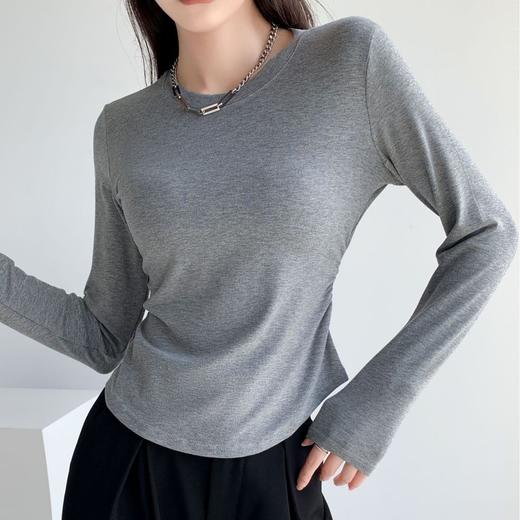 圆领纯欲风松紧收腰 纯色正肩T恤女 设计感辣妹t修身小蛮腰上衣打底衫 商品图1