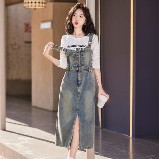 复古设计感牛仔背带裙，气质百搭洋气开叉吊带套装裙HR-HSYL901 商品图0