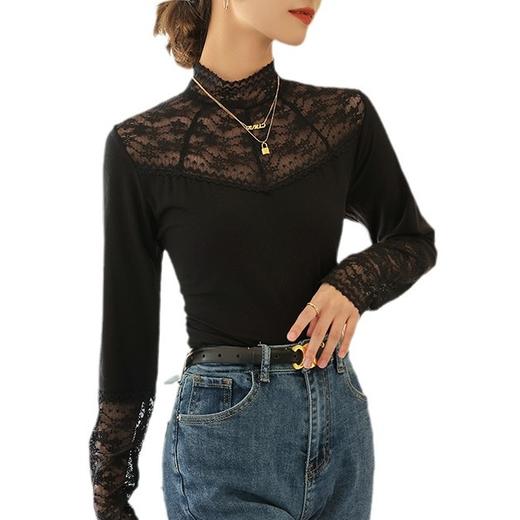 半高领蕾丝打底衫女春秋季性感2024新款修身显瘦长袖内搭上衣甜美 商品图4