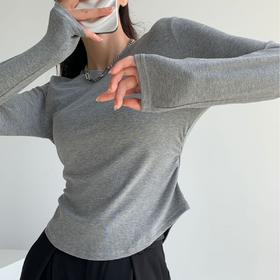 圆弧下摆圆领纯欲风松紧收腰纯色正肩女修身小蛮腰上衣打底衫显瘦