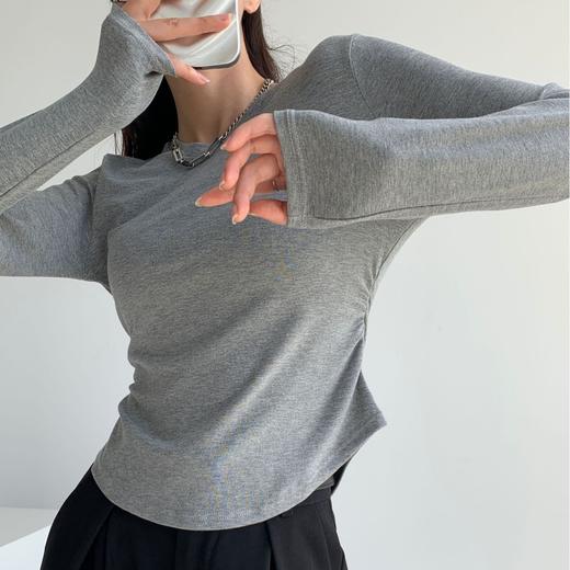 圆弧下摆圆领纯欲风松紧收腰纯色正肩女修身小蛮腰上衣打底衫显瘦 商品图0