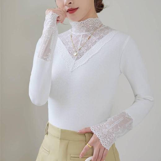 2024新款加绒加厚网纱蕾丝打底衫女春秋内搭修身洋气长袖上衣简约 商品图0