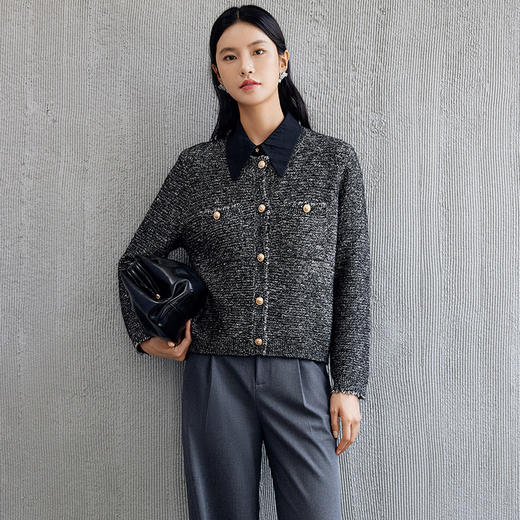 玳莎圆领花纱开衫女2024秋季新款金属丝混纺时尚通勤针织长袖上衣  EC33301 商品图0