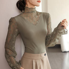 网纱蕾丝打底衫女2024新款春秋款内搭修身洋气长袖上衣简约洋气气质百搭体恤衫
