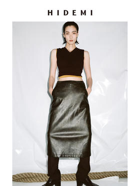 HIDEMI 甄选复古水洗擦色感环保蛋白皮H型极简半身裙皮裙