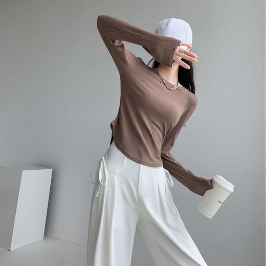 圆领纯欲风松紧收腰 纯色正肩T恤女 设计感辣妹t修身小蛮腰上衣打底衫 商品图2