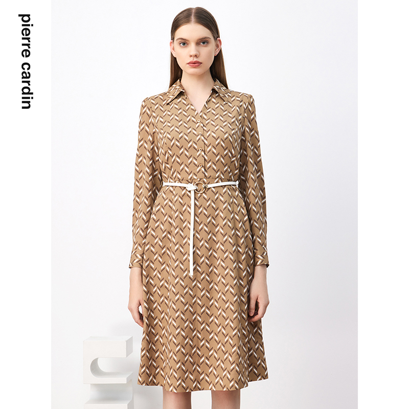 皮尔卡丹女装连衣裙黄色稳重斜纹花色长袖衬衫领裙子P3360E3953Y3
