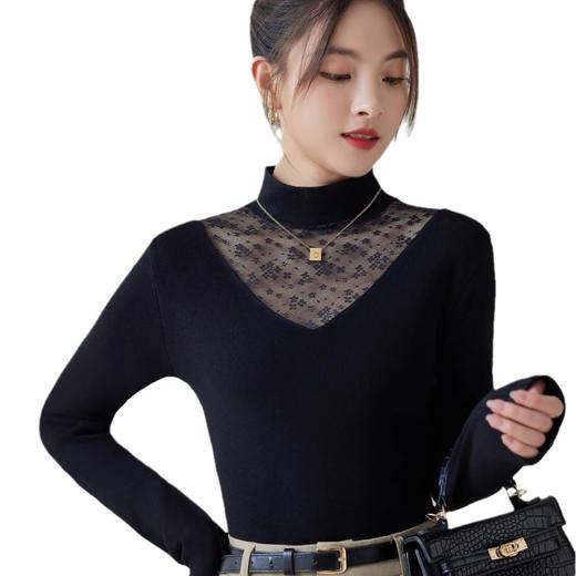 2024春季新款网纱打底衫女士亮丝内搭半高领镂空蕾丝小衫上衣 商品图4