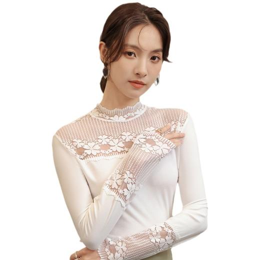 2024秋冬新款网纱蕾丝女洋气长袖半高领上衣半高领叠穿内搭打底衫 商品图4